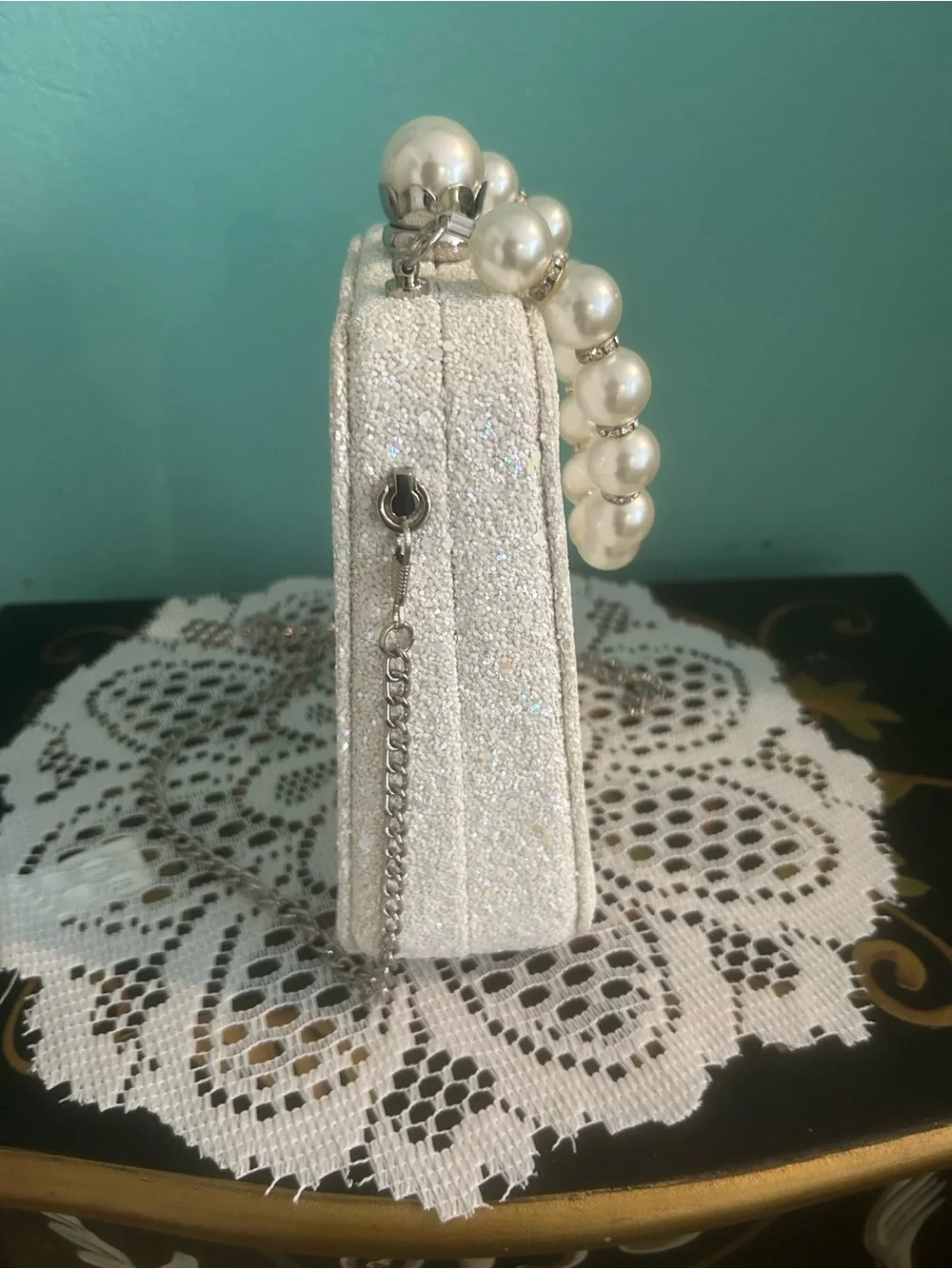 Nina Pearl-Embellished White Glitter Clutch